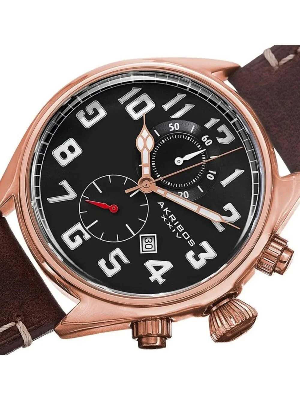 NWT Akribos XXIV Essential Chronograph Black Dial Brown Leather Men's Watch